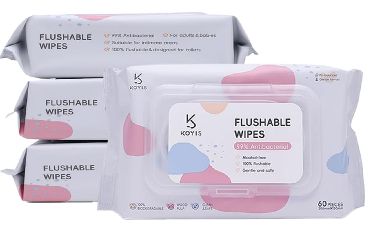 Kuys Flushable Toilet Wipes Personal Wet Wipes Made of Plant Fiber Unscented 100% Pure Purified Water Wet Wipes for Cleaning Private Area (60 Counts - 8 Packs)