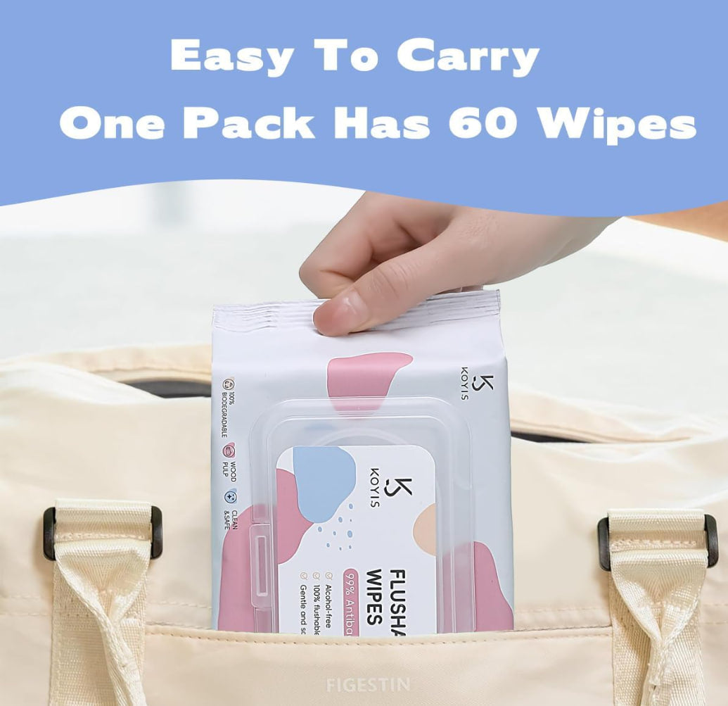 Kuys Flushable Toilet Wipes Personal Wet Wipes Made of Plant Fiber Unscented 100% Pure Purified Water Wet Wipes for Cleaning Private Area (60 Counts - 8 Packs)
