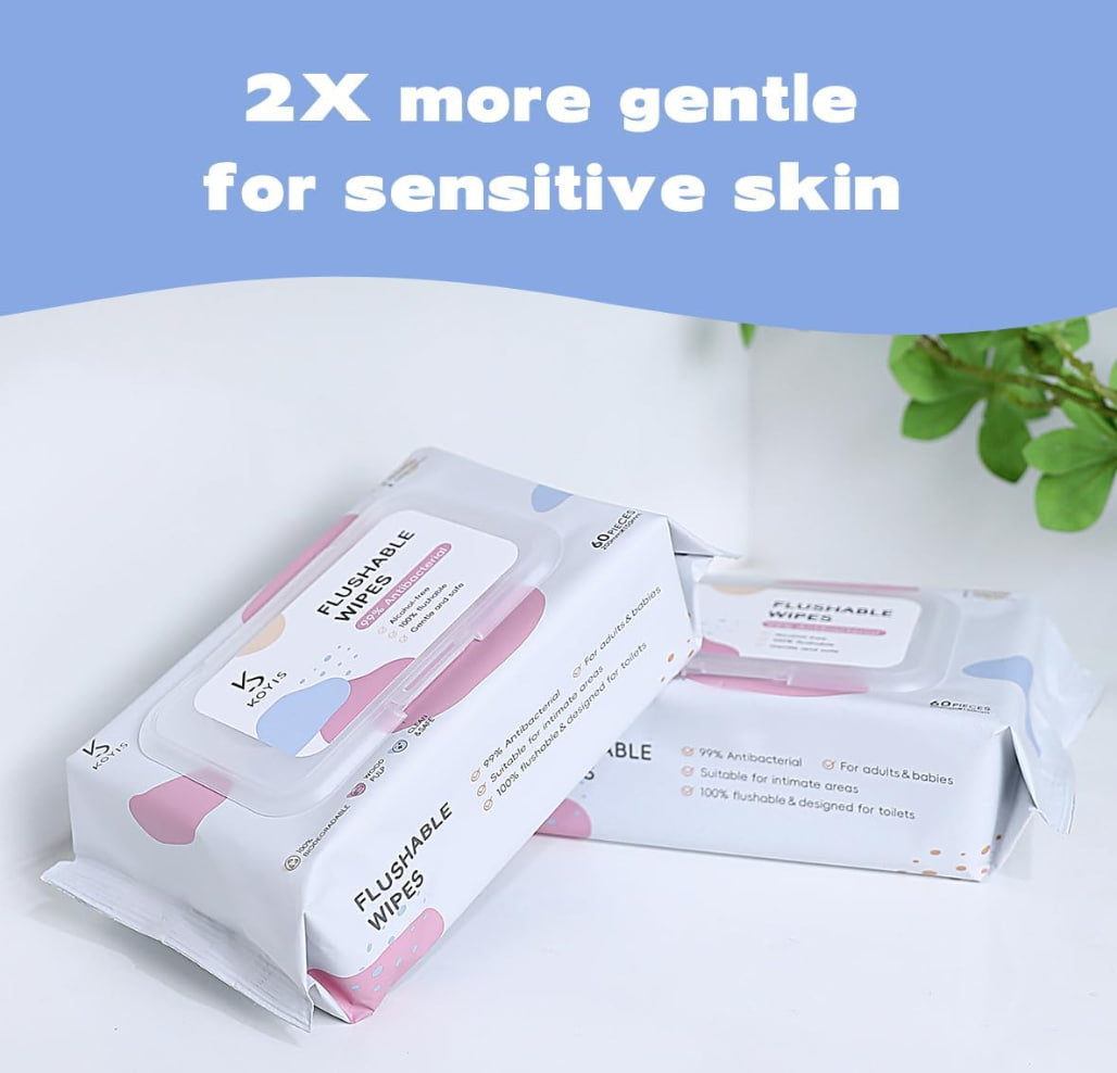 Kuys Flushable Toilet Wipes Personal Wet Wipes Made of Plant Fiber Unscented 100% Pure Purified Water Wet Wipes for Cleaning Private Area (60 Counts - 8 Packs)