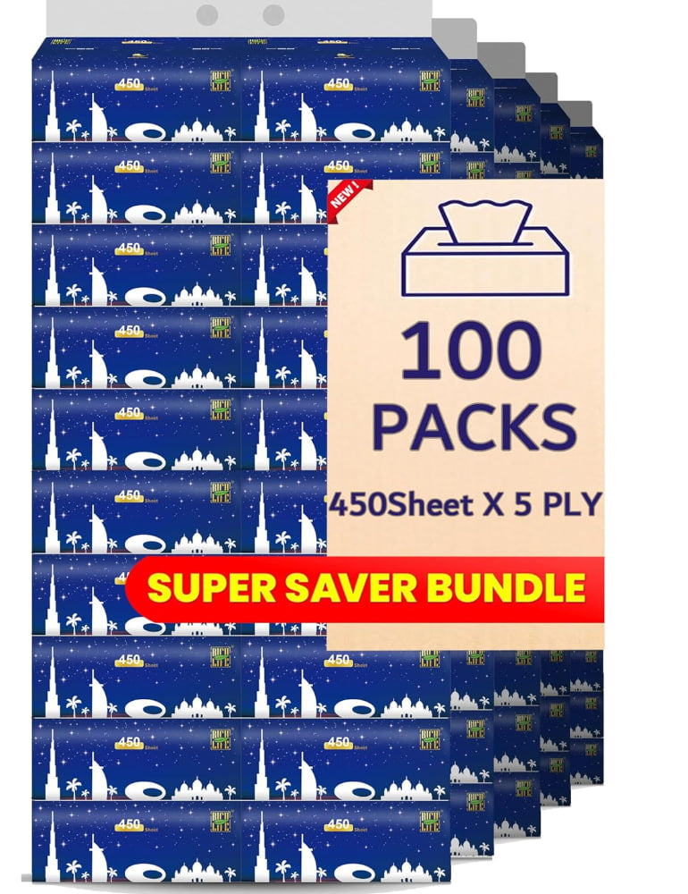 100 عبوة من مناديل الوجه، علبة مناديل مصنوعة من لب الخشب الخام بنسبة 100%، 450 قطعة/عبوة مناديل قطنية مناسبة لجميع انواع البشرة وأي مناسبة (5 طبقات/ورقة)