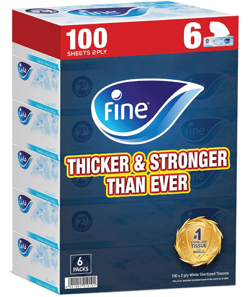 Fine Facial Tissues, Pack of 6 Boxes, 100 Tissues x 2 Ply Per Box