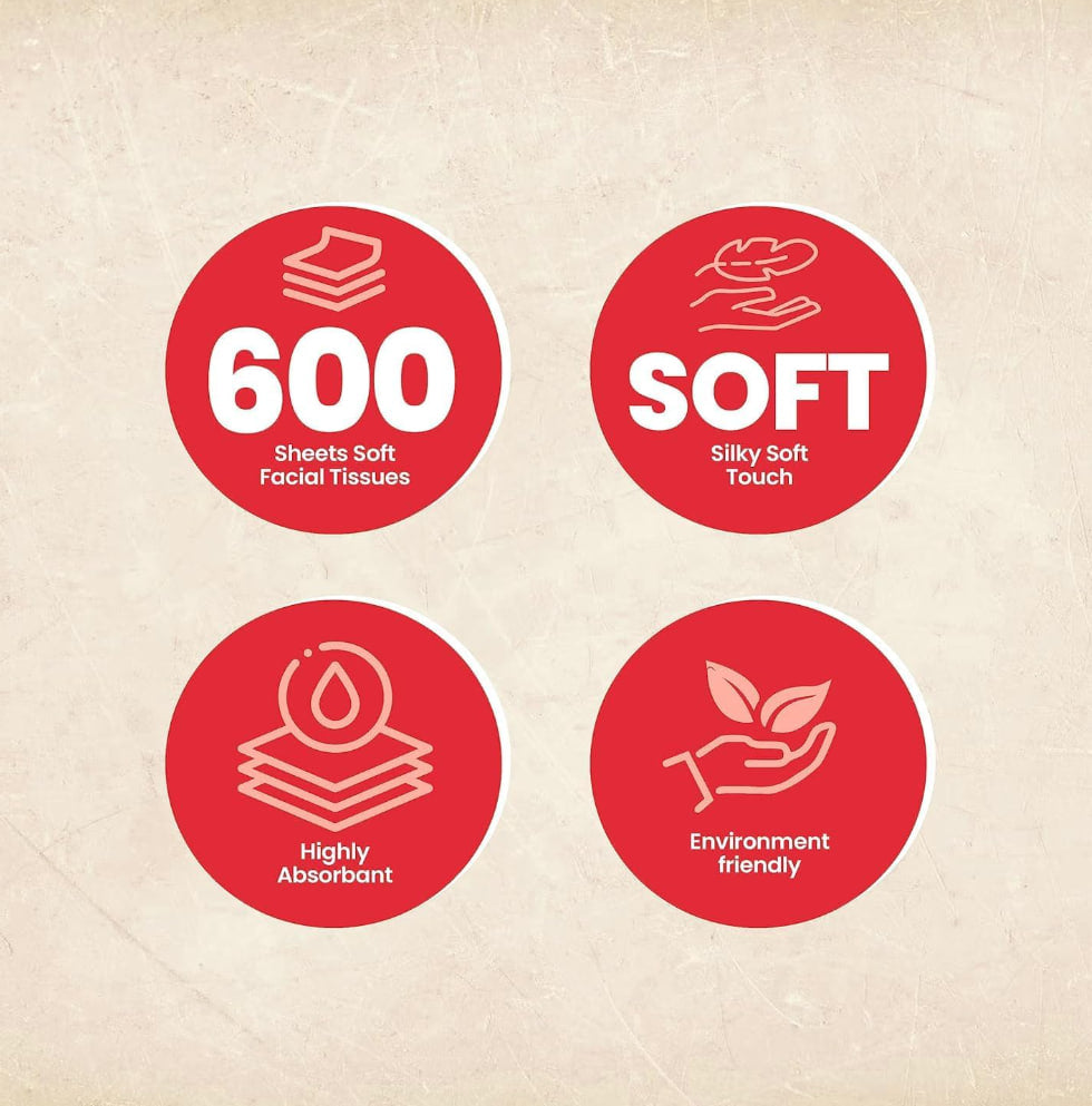 Facial tissues, 5 packs of 10 nylon packs of 600 tissues each, cotton-feel tissues suitable for all skin types and any occasion, total 3000 tissues