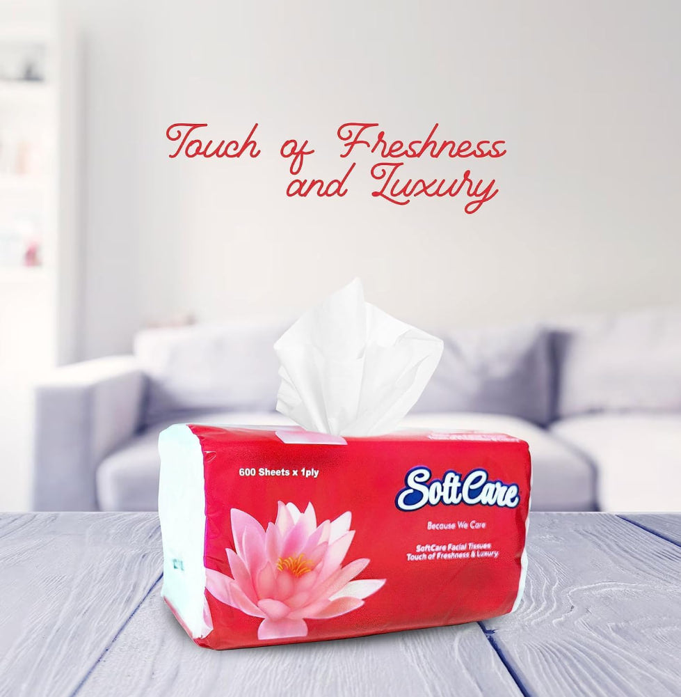 Facial tissues, 5 packs of 10 nylon packs of 600 tissues each, cotton-feel tissues suitable for all skin types and any occasion, total 3000 tissues