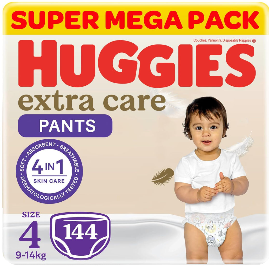 Huggies Extra Care Baby Diapers, Size 4 (9-14 kg), Super Mega Pack, 144 Diaper Pants