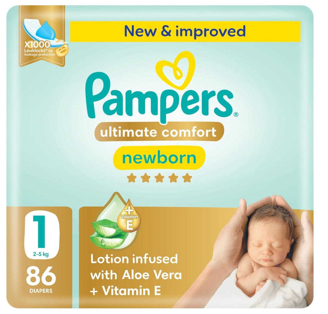 Pampers Ultimate Comfort Taped Diapers, Size 1, 2-5 kg, Lotion with Aloe Vera and Vitamin E, x1000 Leak Lock Technology for Leakage Protection, Jumbo Pack, 86 Count
