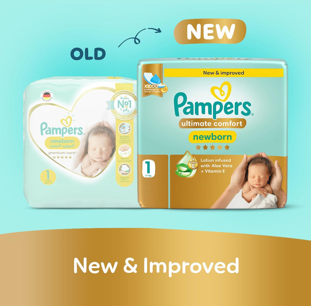 Pampers Ultimate Comfort Taped Diapers, Size 1, 2-5 kg, Lotion with Aloe Vera and Vitamin E, x1000 Leak Lock Technology for Leakage Protection, Jumbo Pack, 86 Count