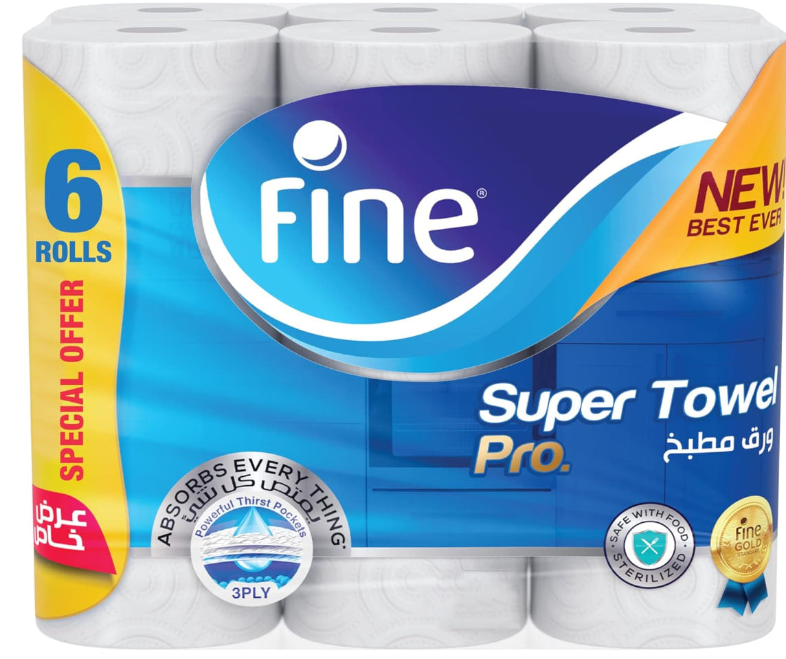 Fine Kitchen Super Towel Pro Paper Towels, 6 Rolls, 60 Sheets x 3 Ply