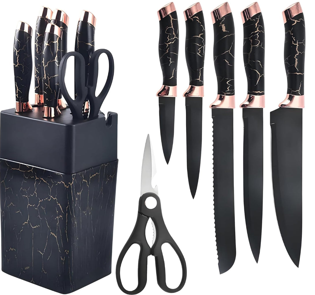 7-piece stainless steel kitchen knife set by Shopping Vibes - sharp chef's knife, scissors, sharpener (marble handle)
